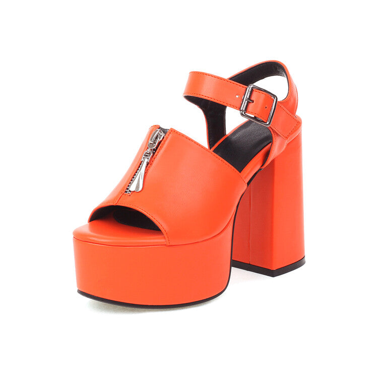 Women Glossy Zipper Ankle Strap Buckle Thick Sole Block Heel Platform Sandals