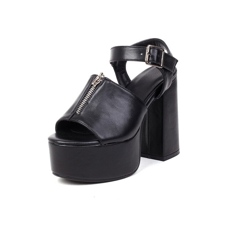 Women Glossy Zipper Ankle Strap Buckle Thick Sole Block Heel Platform Sandals
