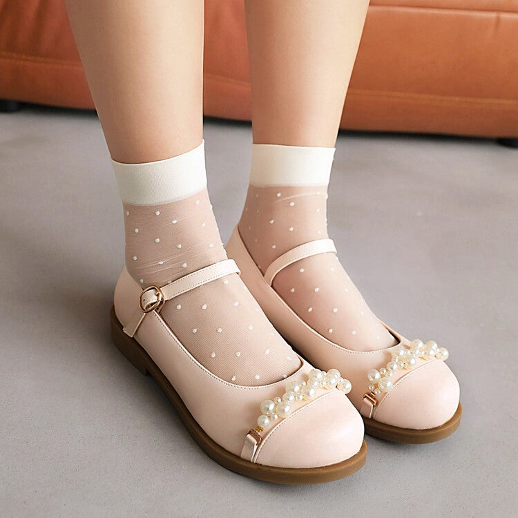 Women Solid Color Pearls Beading Flat Many Jane Shoes