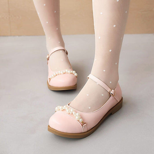 Women Solid Color Pearls Beading Flat Many Jane Shoes