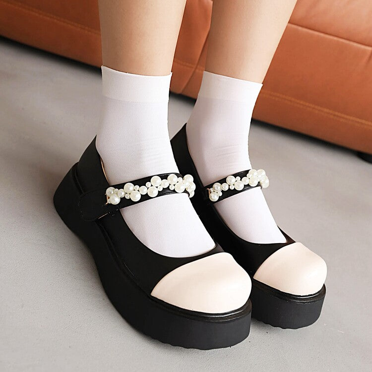 Women Lolita Color Block Round Toe Pearls Beading Ankle Strap Platform Flats