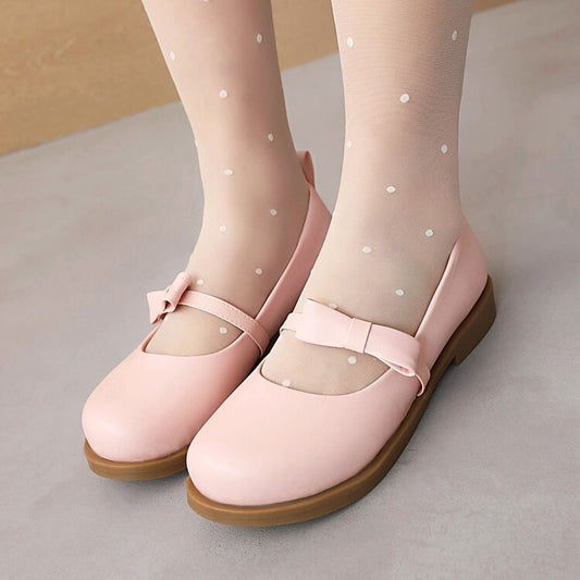 Women Solid Color Round Toe Butterfly Knot Ankle Strap Platform Flat Many Jane Shoes