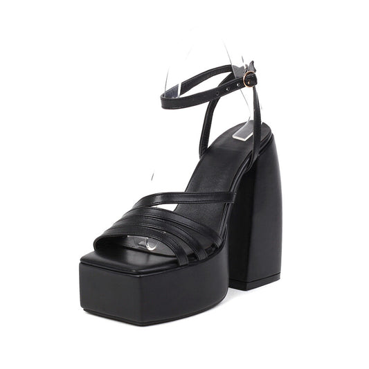 Woman Solid Color Hollow Out Ankle Strap Platform Chunky Heel Sandals