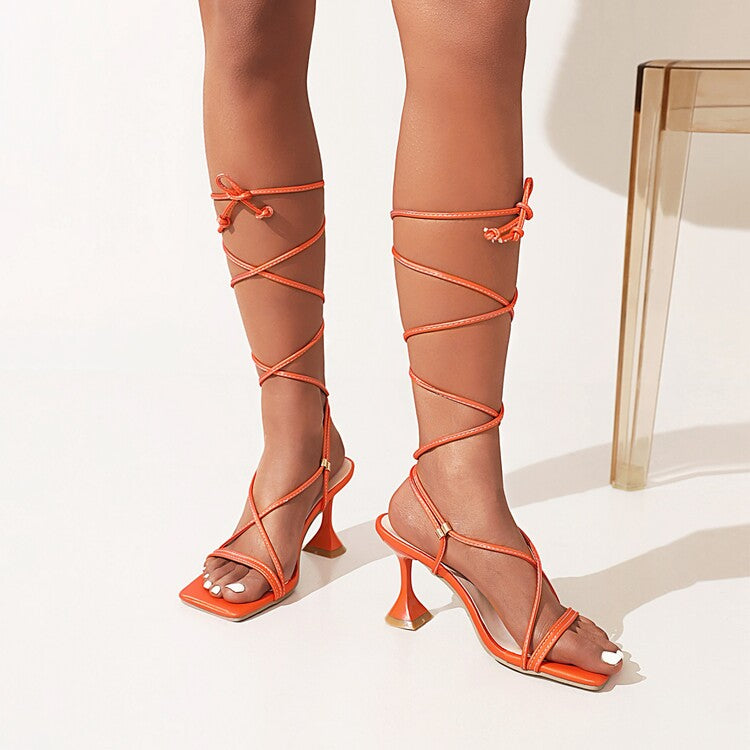 Women Solid Color Square Toe Cross Strap Spool Heel Sandals