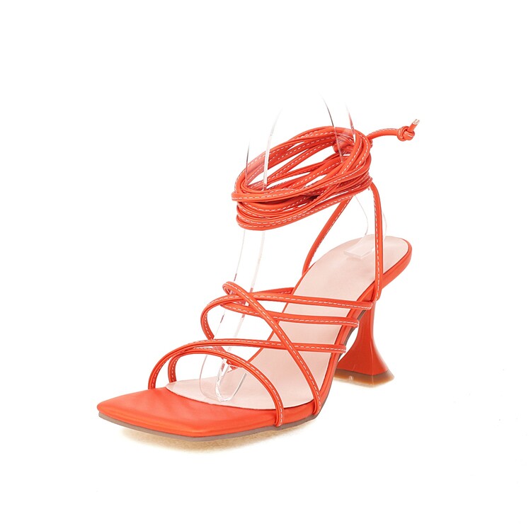 Women Solid Color Square Toe Cross Tied Strap Spool Heel Sandals