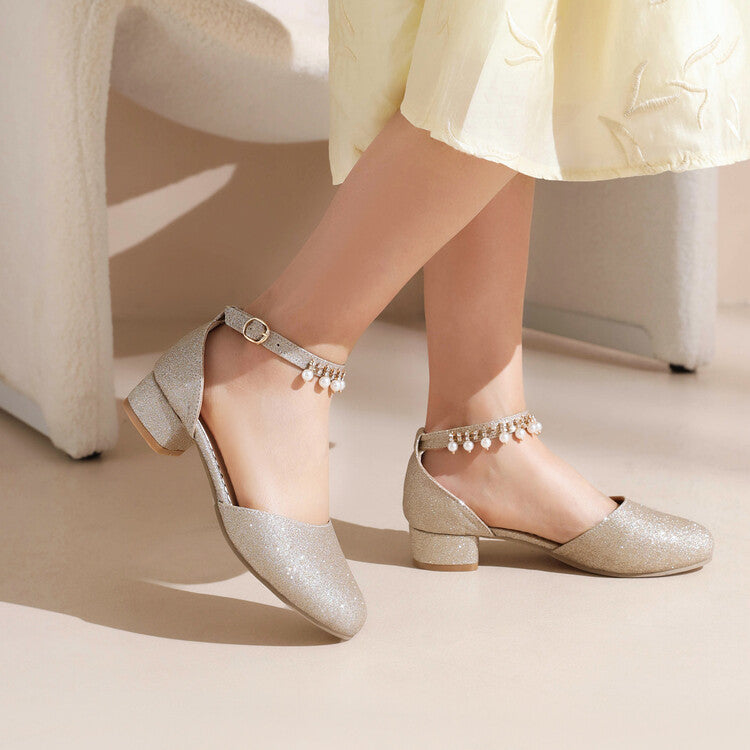 Women Bling Bling Round Toe Hollow Out Ankle Strap Pearls Rhinestone Block Heel Low Heels Sandals