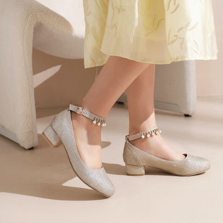Women Pumps Bling Bling Round Toe Pearls Ankle Strap Block Heel Shoes