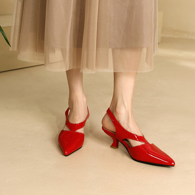 Women Candy Color Pointed Toe Hollow Out Medium Heel Sandals
