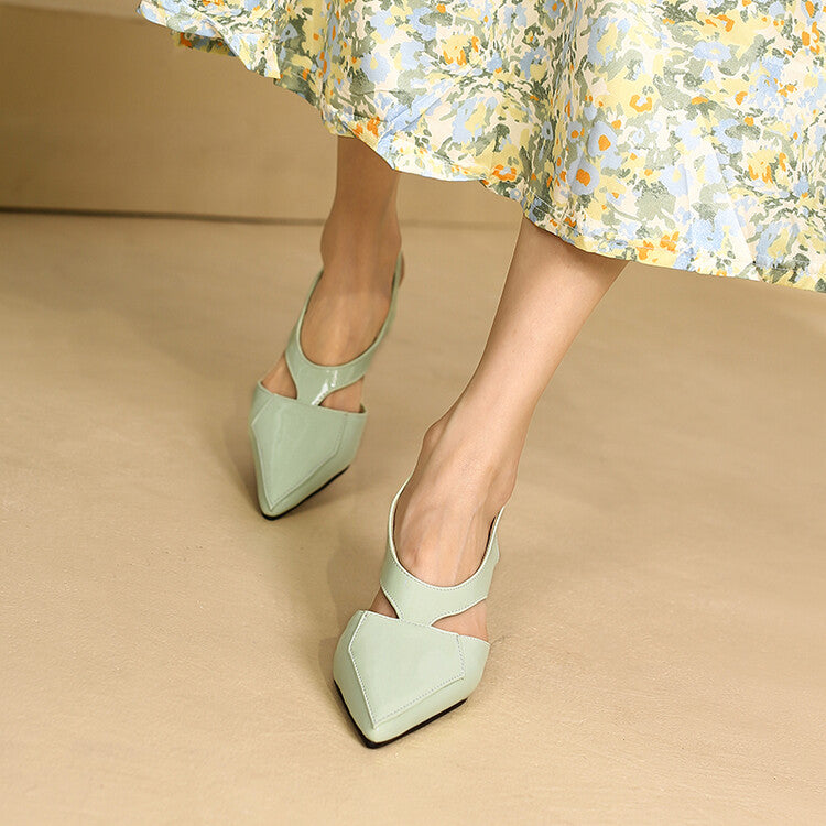 Women Candy Color Pointed Toe Hollow Out Medium Heel Sandals