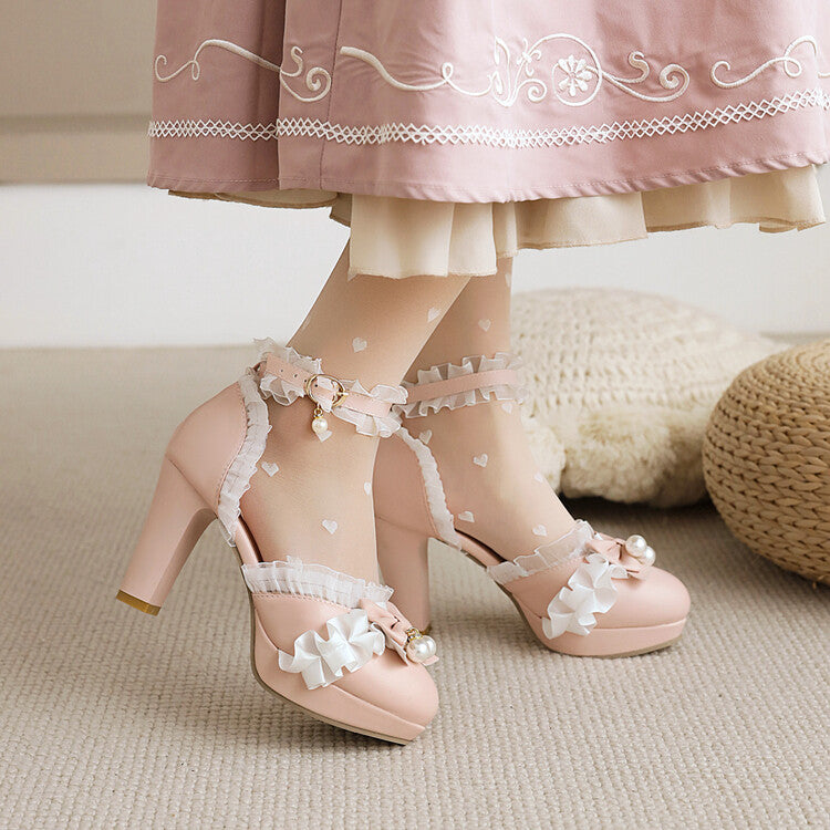 Woman Pearls Lolita Lace Butterfly Knot Chunky Heel Platform Sandals