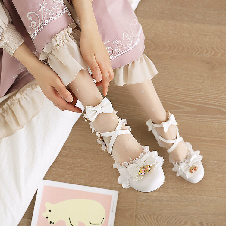 Woman Lolita Lace Butterfly Knot Chunky Heel Platform Sandals