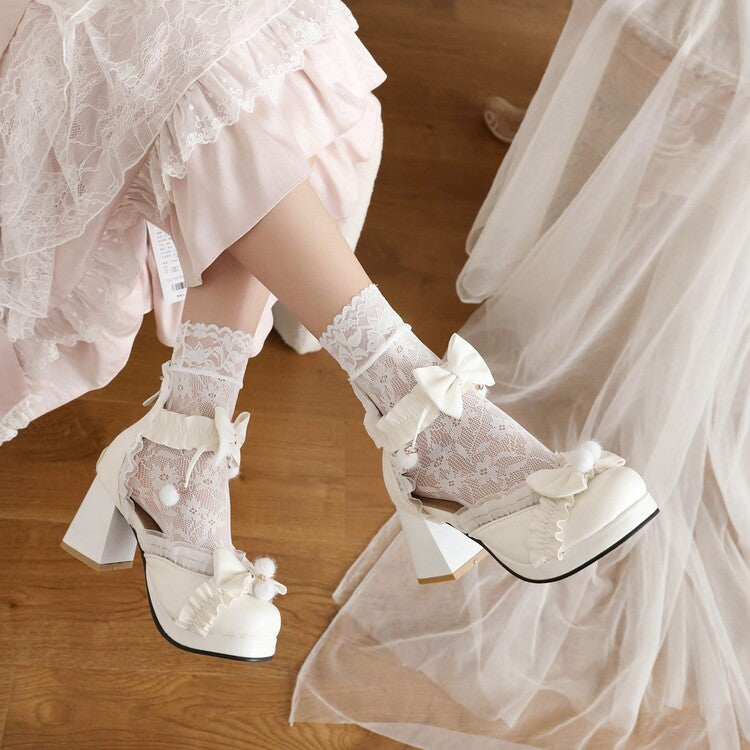 Women Lace Bow Tie Ankle Strap Block Heel Platform Sandals