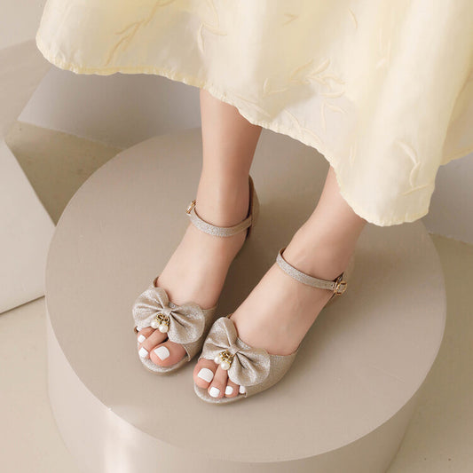 Women Bling Bling Peep Toe Butterfly Knot pearl Hollow Out Ankle Strap Block Heel Sandals