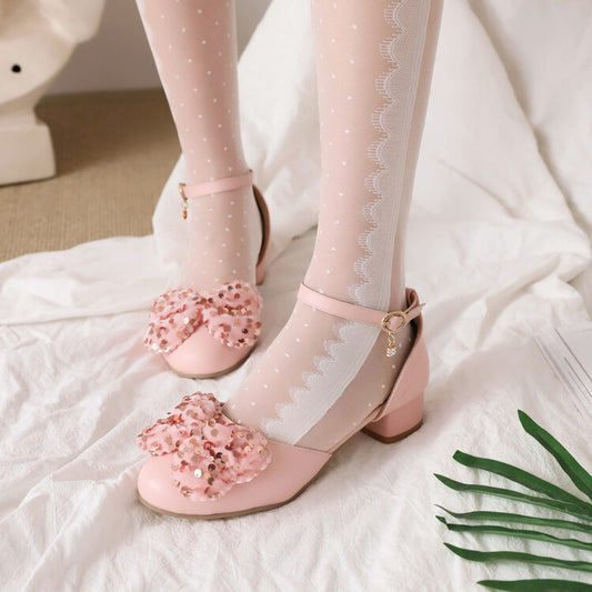 Women Ankle Strap Rhinestone Butterfly Knot Hollow Out Block Heel Sandals