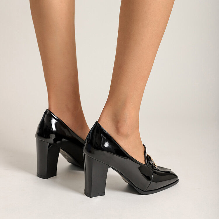 Woman Patent Leather Square Toe Block Heels Pumps