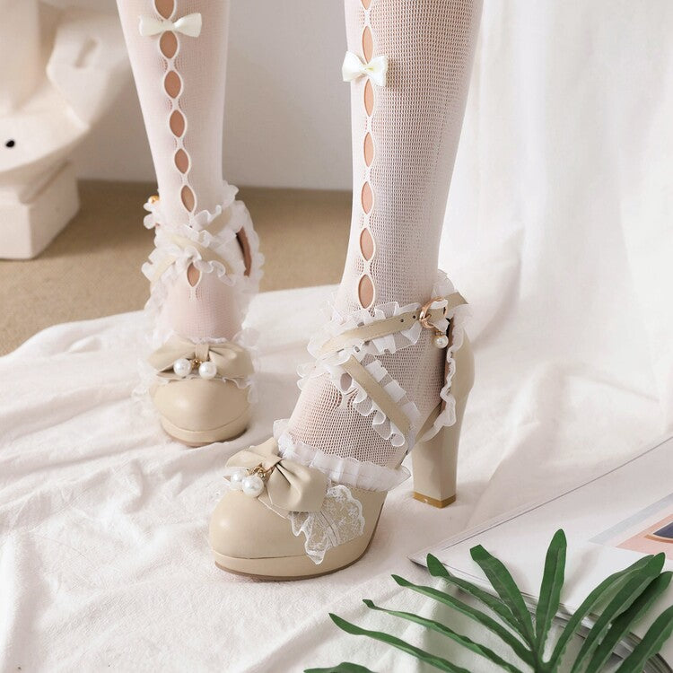 Woman Lolita Lace Ankle Strap Pearls Butterfly Knot Chunky Heel Platform Sandals