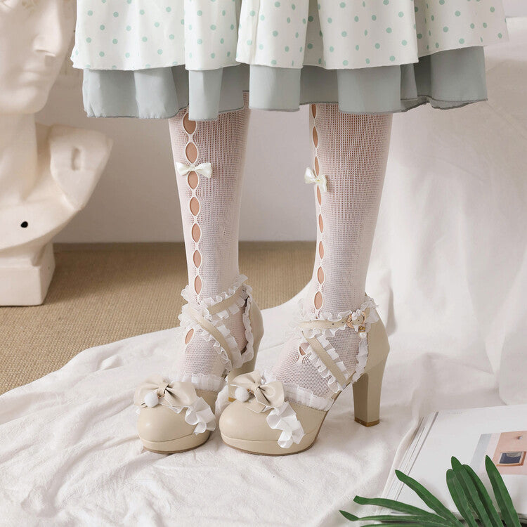 Woman Lolita Lace Butterfly Knot Pearls Chunky Heel Platform Sandals