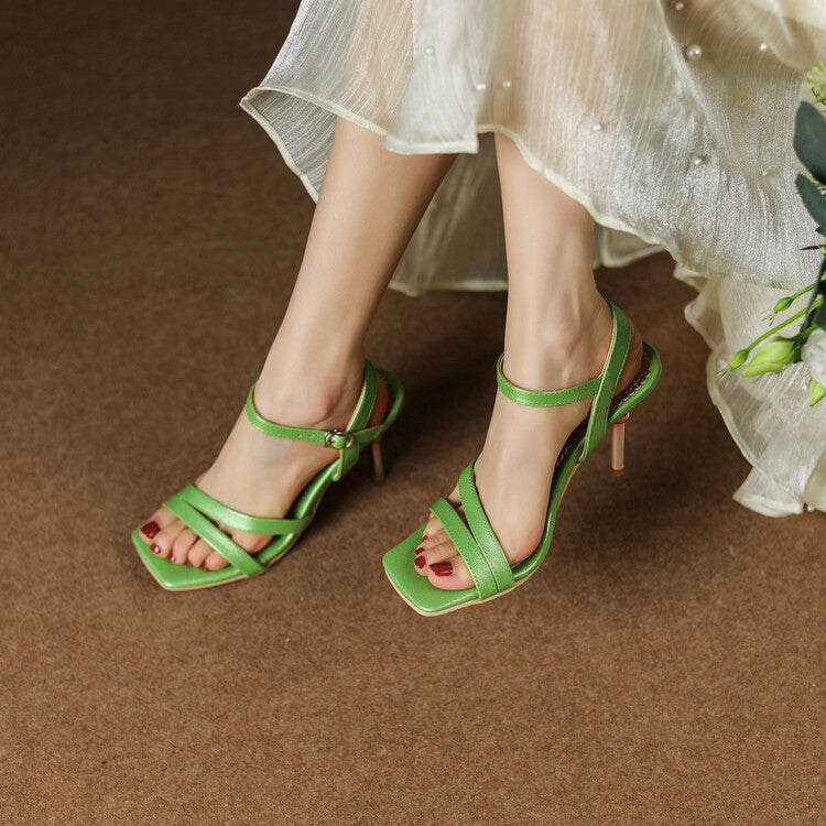 Women Square Toe Ankle Strap Stiletto High Heel Sandals