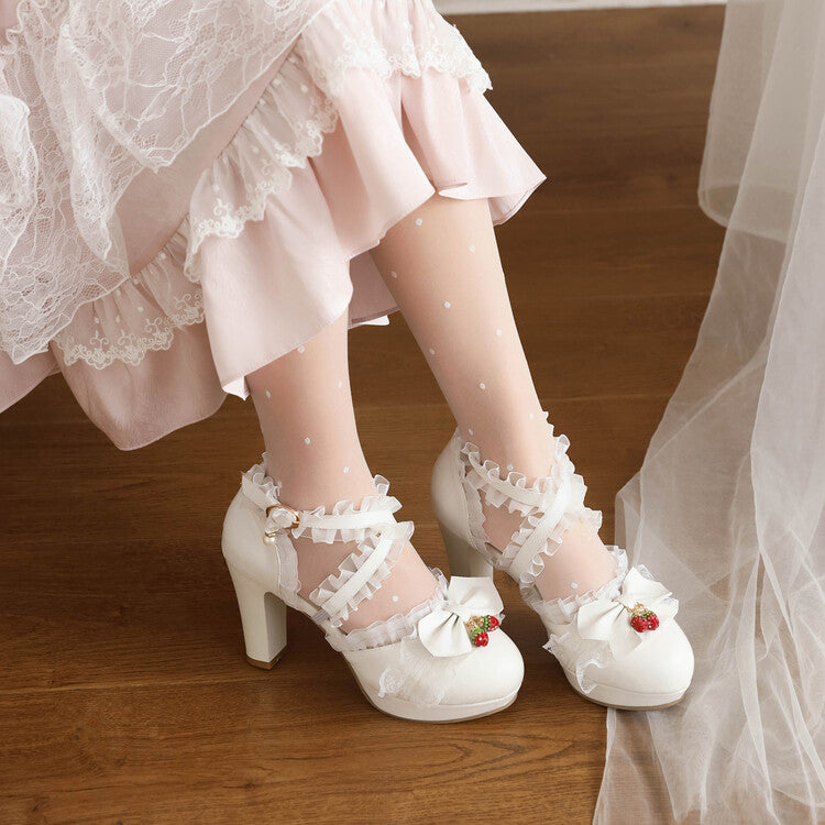 Woman Lolita Lace Strawberry Deco Butterfly Bow Chunky Heel Platform Sandals