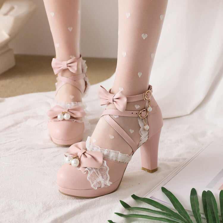 Woman Lolita Pearls Lace Butterfly Knot Chunky Heel Platform Sandals
