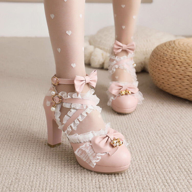 Woman Lolita Lace Butterfly Knot Pearl Chunky Heel PPlatform Sandals