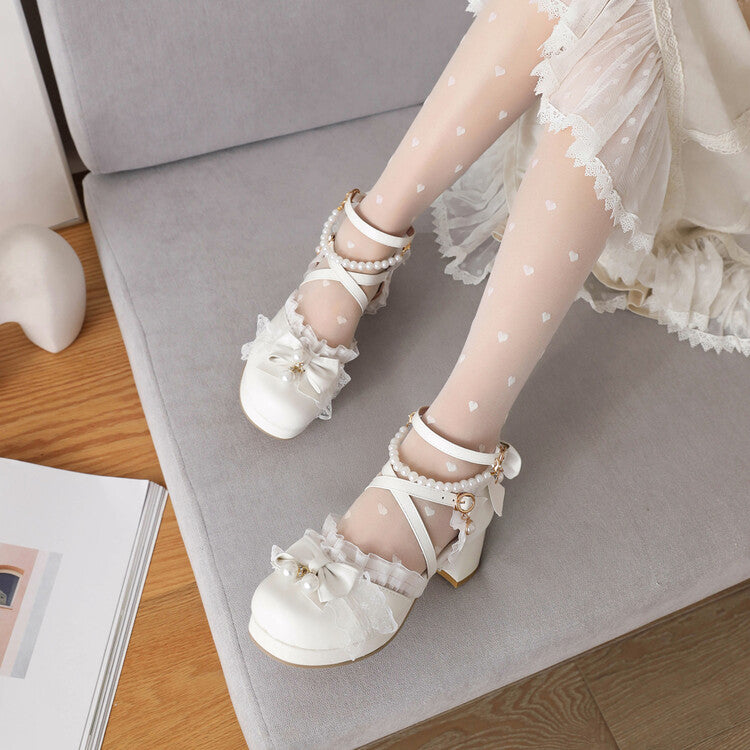 Woman Lolita Lace Butterfly Knot Pearls Beading Chunky Heel Platform Sandals