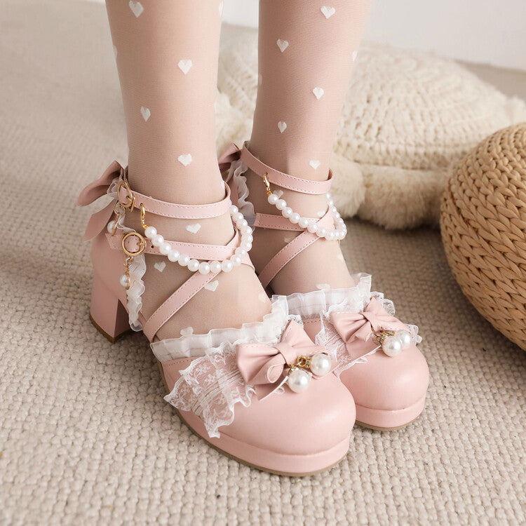 Woman Lolita Lace Butterfly Knot Pearls Beading Chunky Heel Platform Sandals