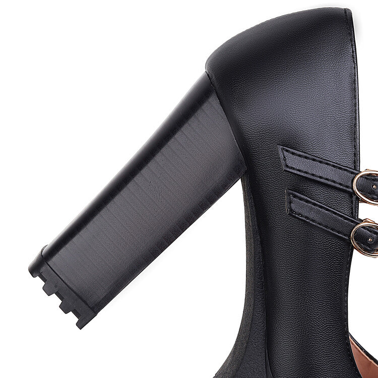 Women Pumps Pu Leather Round Toe Double Buckles Belts Chunky Heel Platform Chunky Heels Shoes