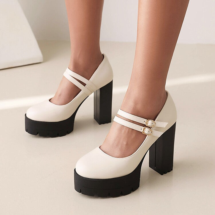 Women Pumps Pu Leather Round Toe Double Buckles Belts Chunky Heel Platform Chunky Heels Shoes