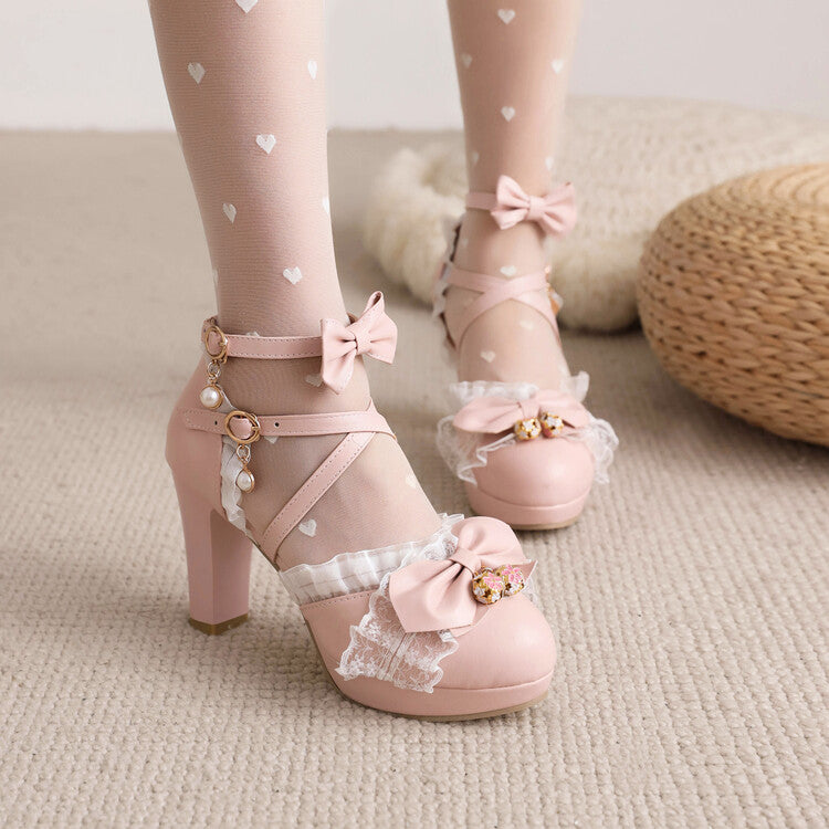 Woman Lolita Ankle Strap Lace Butterfly Knot Chunky Heel Platform Sandals