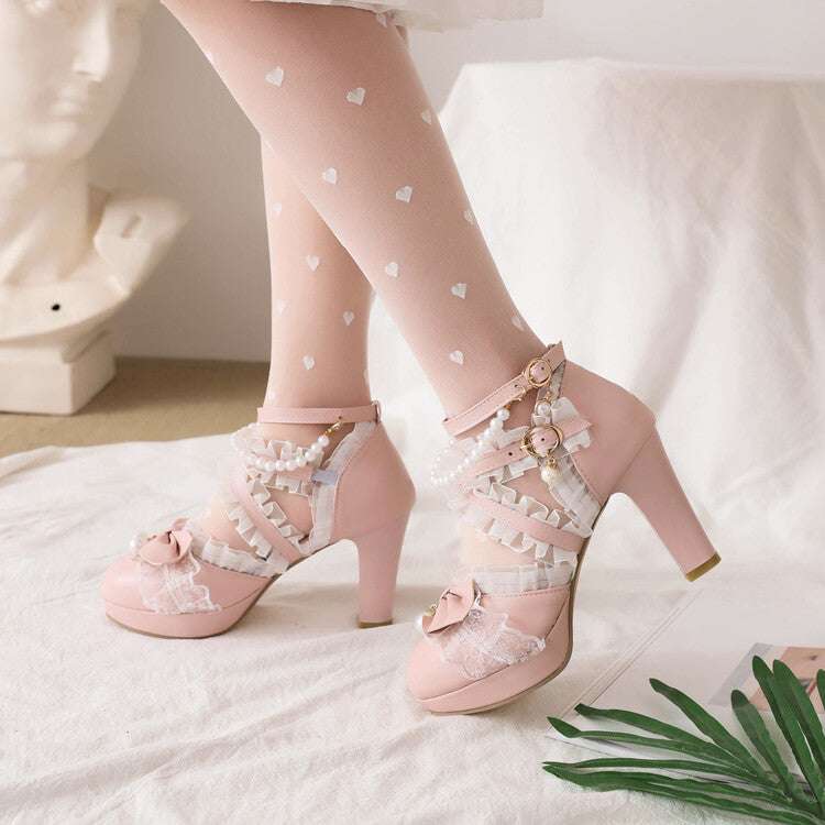 Woman Lolita Lace Strappy Butterfly Knot Pearls Chunky Heel Platform Sandals