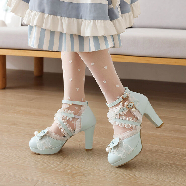 Woman Lolita Lace Strappy Butterfly Knot Pearls Chunky Heel Platform Sandals