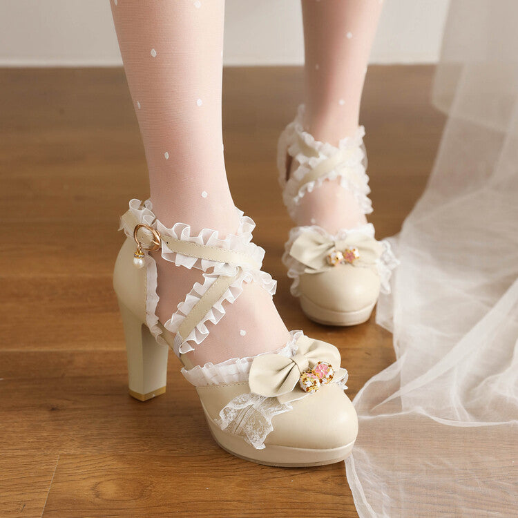 Woman Lolita Round Toe Lace Butterfly Knot Chunky Heel Platform Sandals
