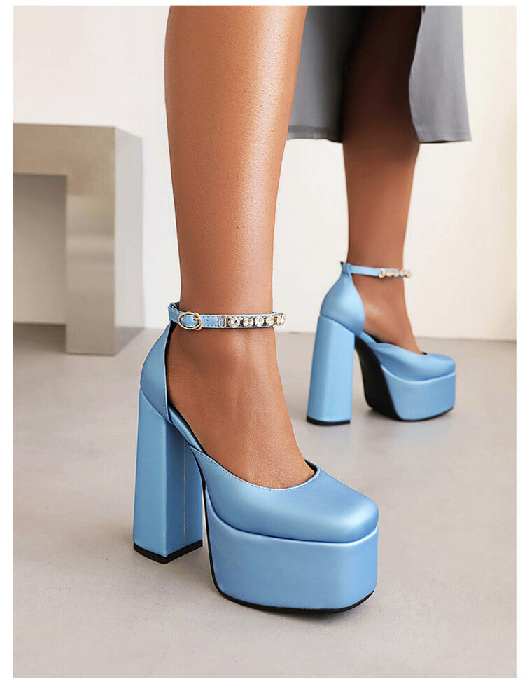Women Solid Color Round Toe Chunky Heel Ankle Strap Rhinestone High Heels Platform Sandals