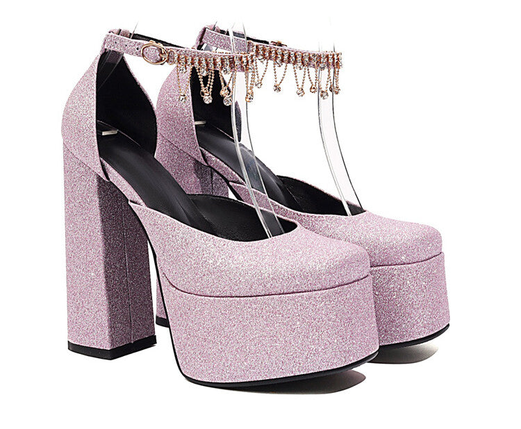 Women Bling Bling Glossy Round Toe Ankle Strap Chains Chunky Heel High Heels Platform Sandals