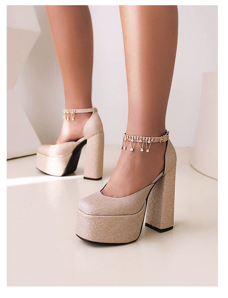 Women Bling Bling Glossy Round Toe Ankle Strap Chains Chunky Heel High Heels Platform Sandals