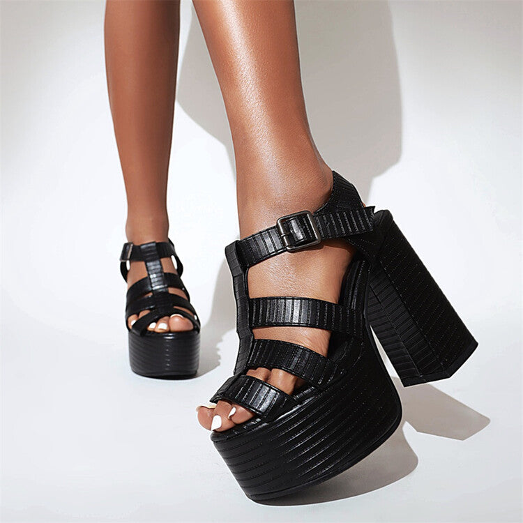 Women Solid Color Roman Style Thick Sole Block Heel Platform Sandals