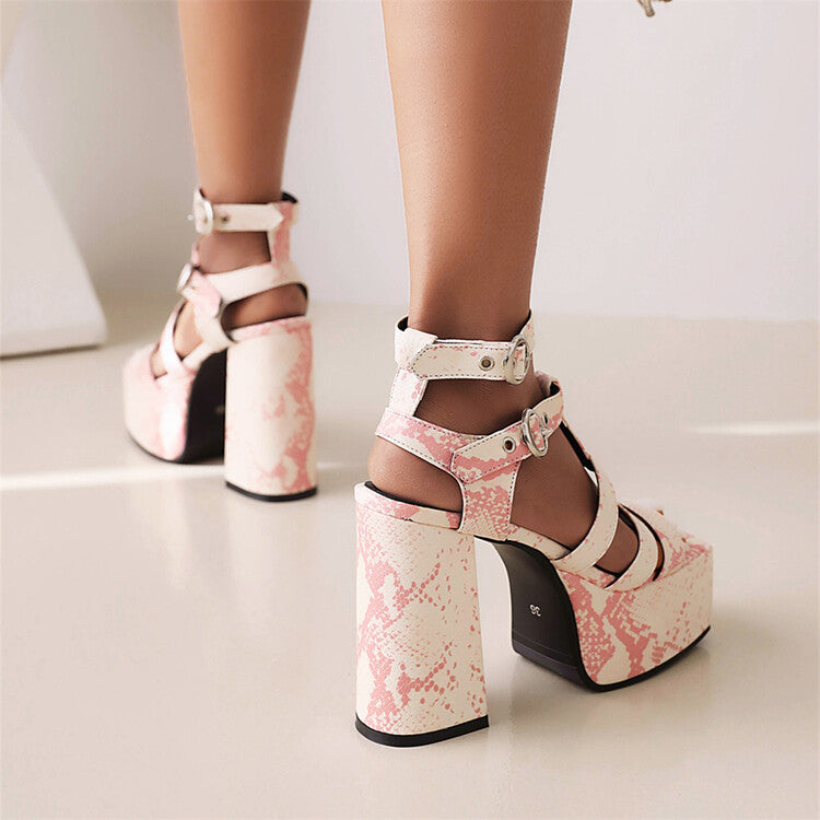 Women Solid Color Glossy Ankle Strap Thick Sole Block Heel Platform Sandals