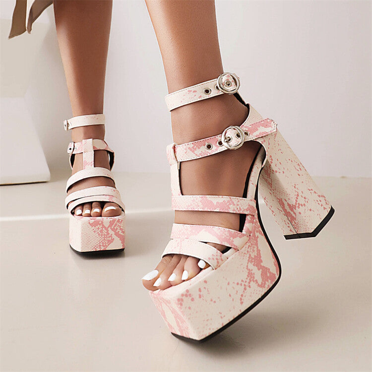 Women Solid Color Glossy Ankle Strap Thick Sole Block Heel Platform Sandals