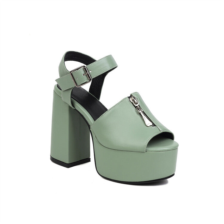 Women Candy Color Zipper Thick Sole Block Heel Platform Sandals