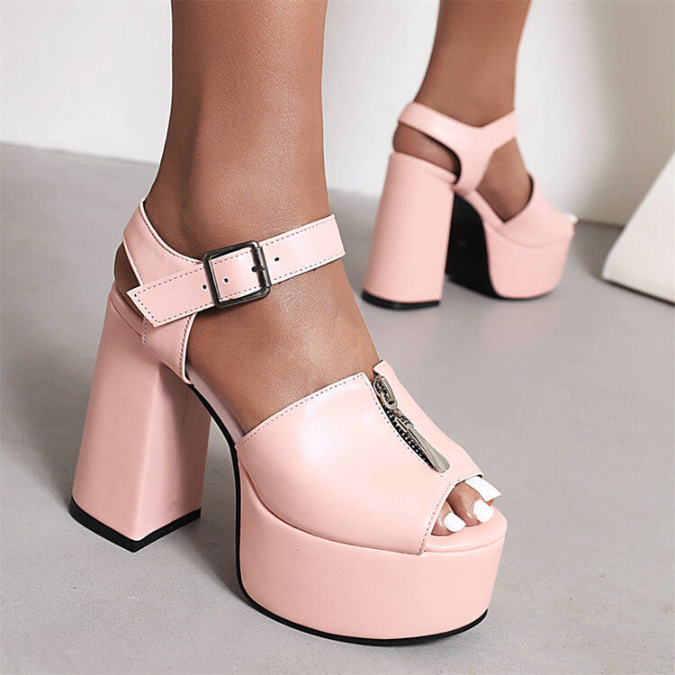 Women Candy Color Zipper Thick Sole Block Heel Platform Sandals