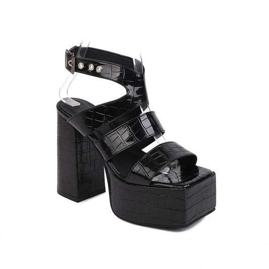 Women Solid Color Glossy Square Toe Thick Sole Block Heel Platform Sandals
