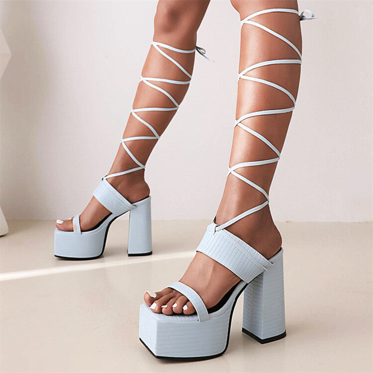 Women Square Toe Cross Narrow Straps Ankle Strap Thick Sole Block Heel Platform Sandals