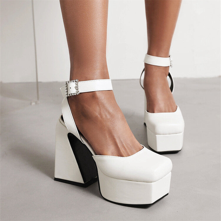 Women Square Toe Closed Toe Hollow Out Ankle Strap Thick Sole Block Heel Platform Sandals
