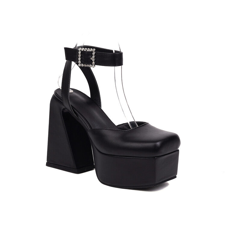 Women Square Toe Closed Toe Hollow Out Ankle Strap Thick Sole Block Heel Platform Sandals