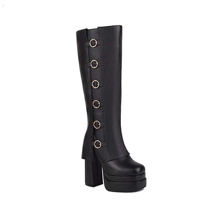Woman Pu Leather Round Toe Buckles Belts Chunky Heel Platform Knee High Boots