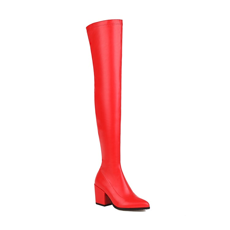 Woman Pu Leather Pointed Toe Side Zippers Block Heel Over the Knee Boots