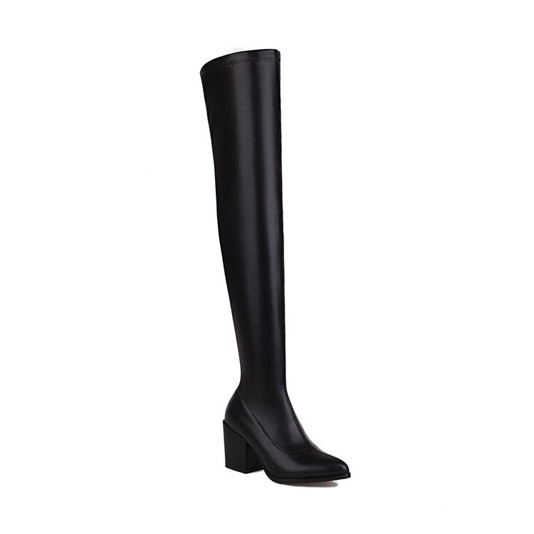 Woman Pu Leather Pointed Toe Side Zippers Block Heel Over the Knee Boots