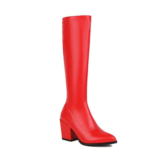 Woman Pu Leather Pointed Toe Side Zippers Block Heel Knee High Boots