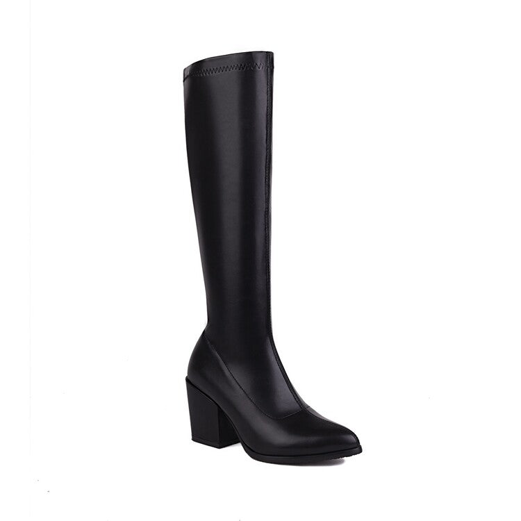 Woman Pu Leather Pointed Toe Side Zippers Block Heel Knee High Boots